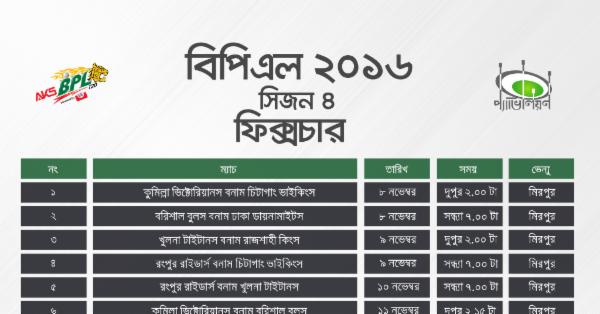 ফিক্সচার : বিপিএল ২০১৬ (বাংলাদেশ সময় অনুযায়ী)